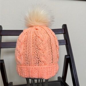 Peach Cable Knit Kids Beanie with Pom-Pom